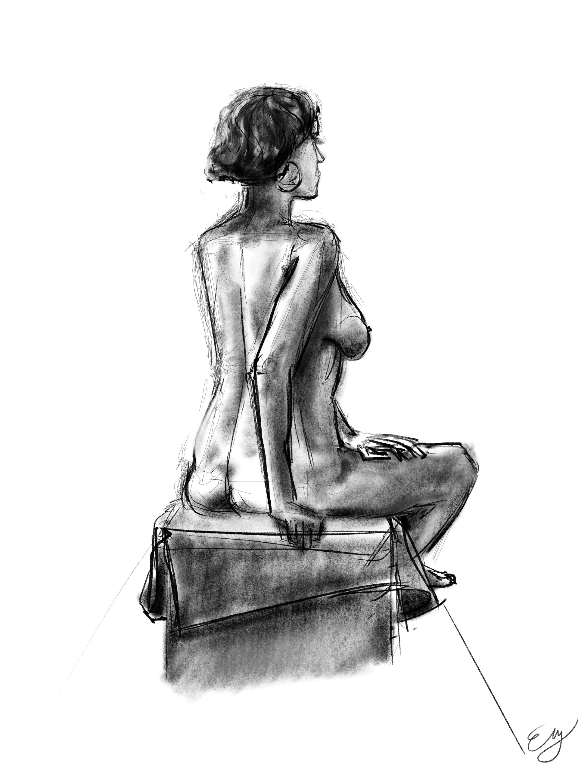 Charcoal figure drawing of a seated nude figure seen from behind, sitting on a block.