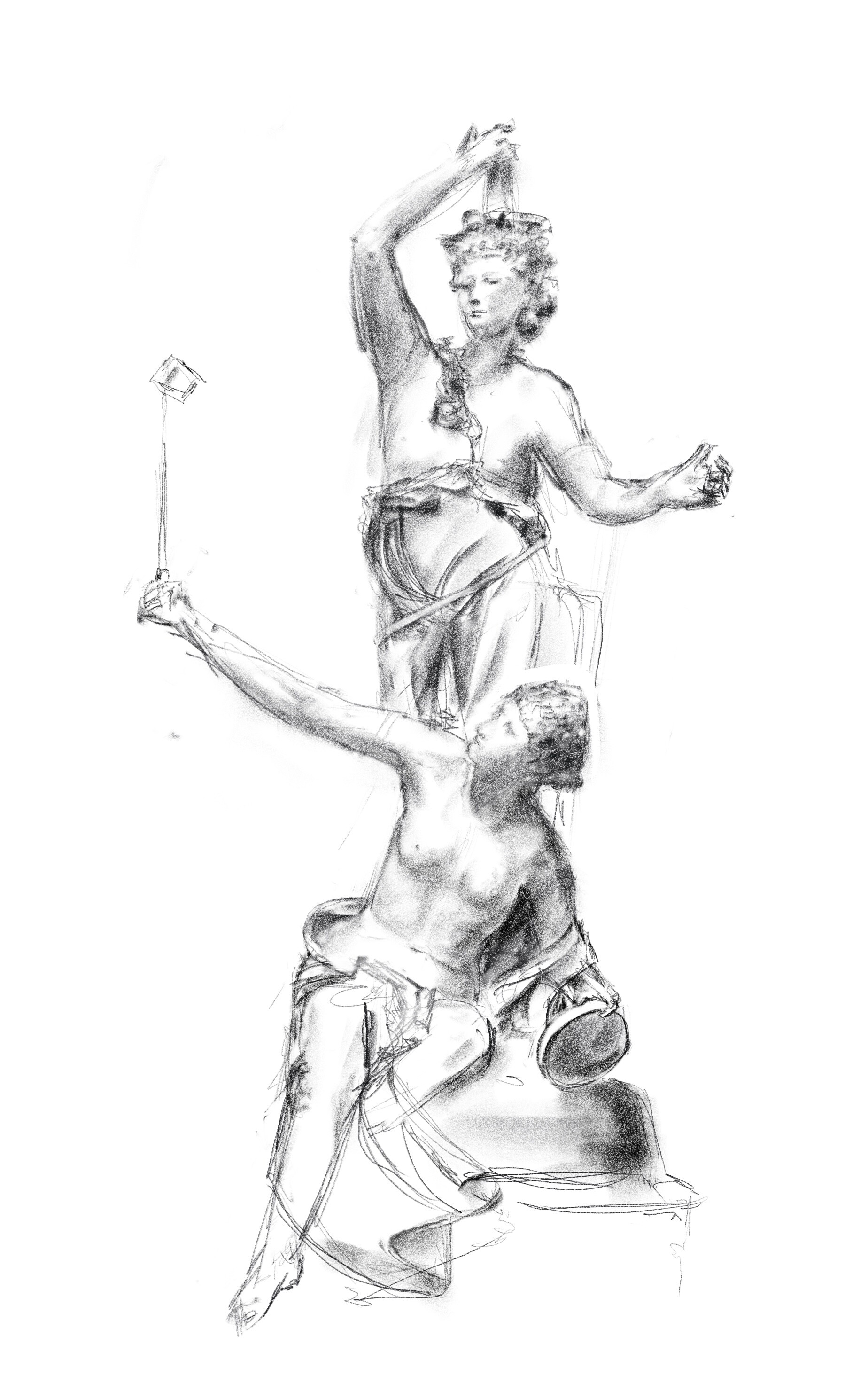 Pencil study of a sculpture group: a standing figure with one arm raised above a seated figure stretching an arm out.