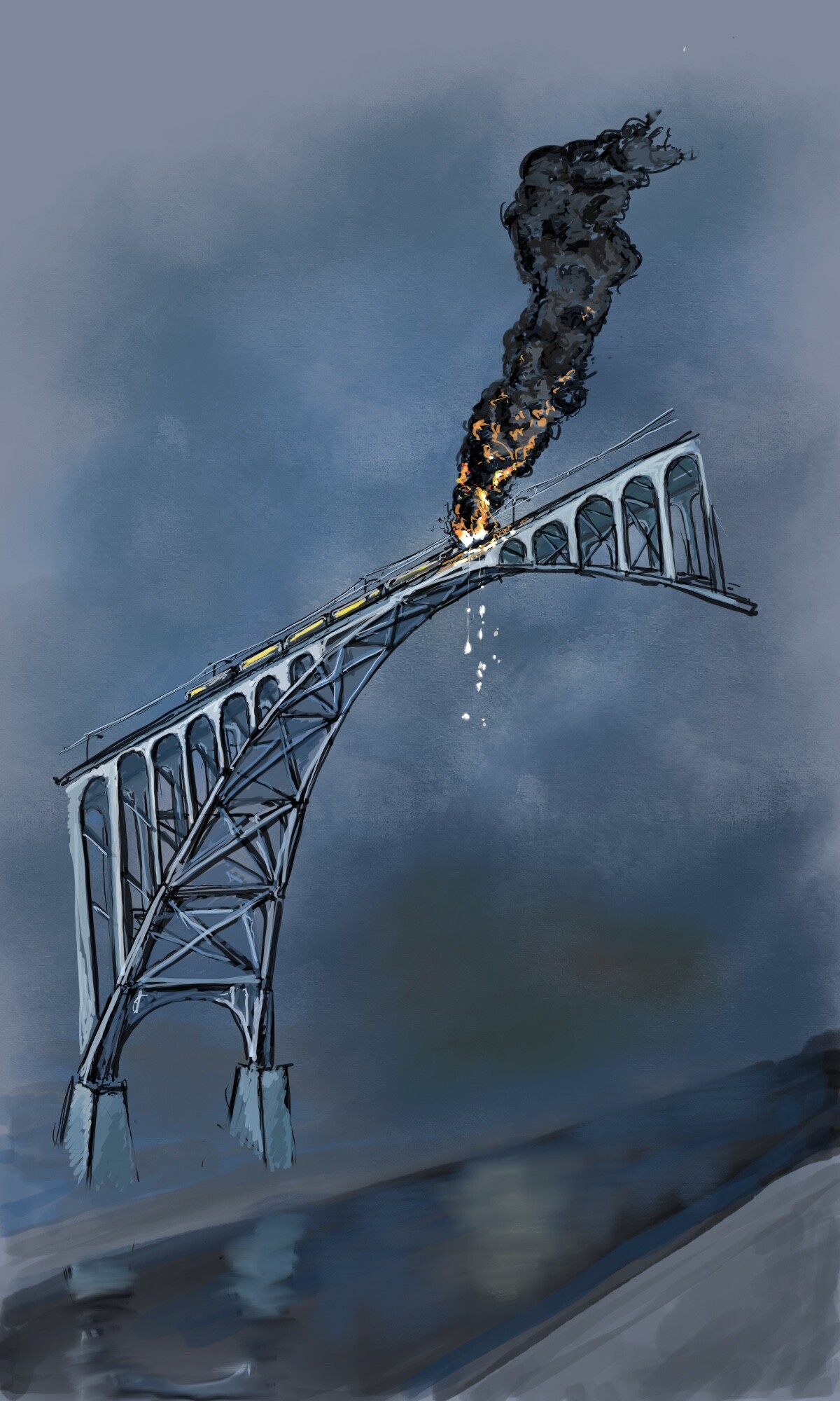 Painting of a steel arch bridge under a dark blue sky, with fire and black smoke rising from its deck.