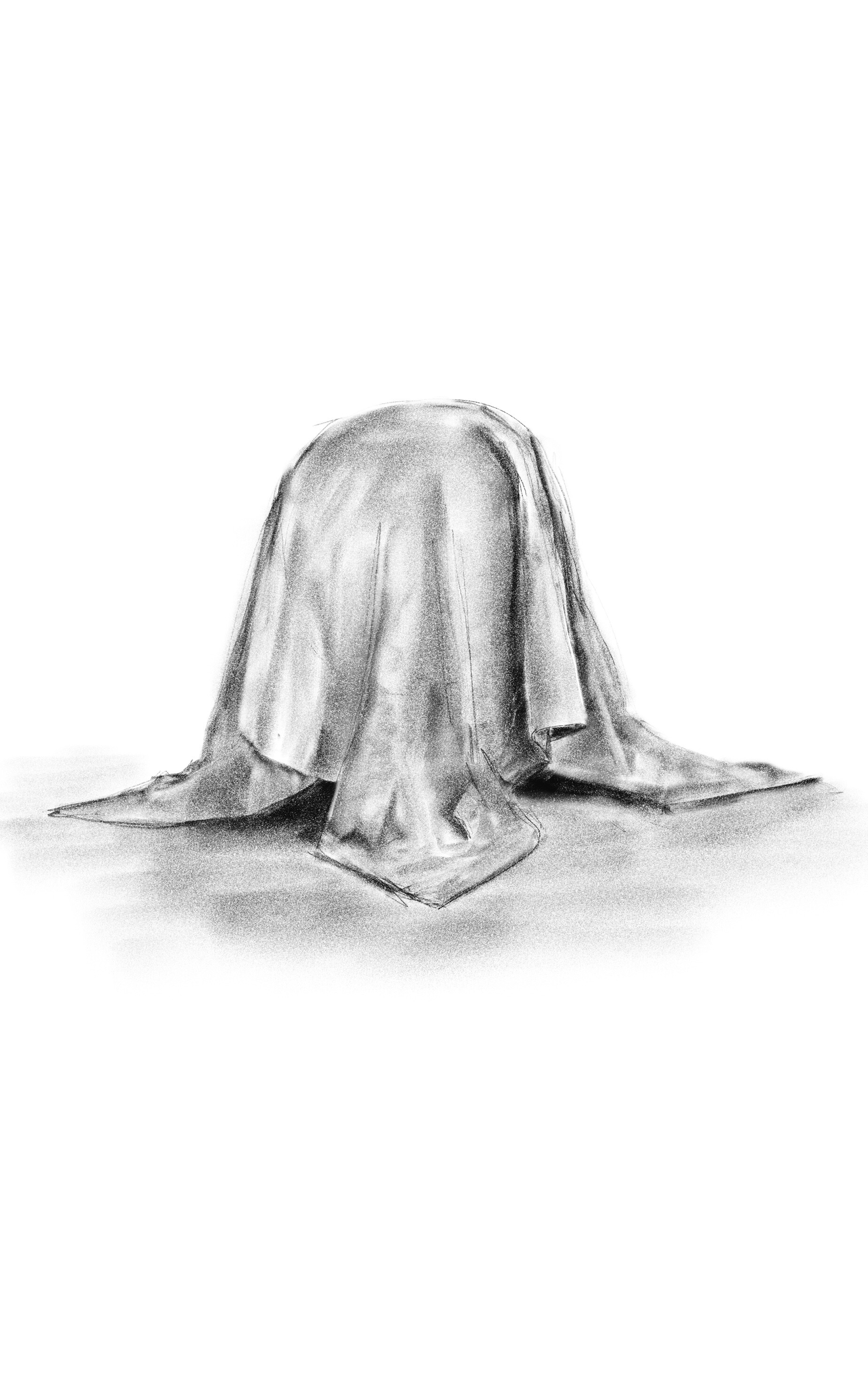 Charcoal study of a cloth draped over an object, its corners fanning out on the floor.