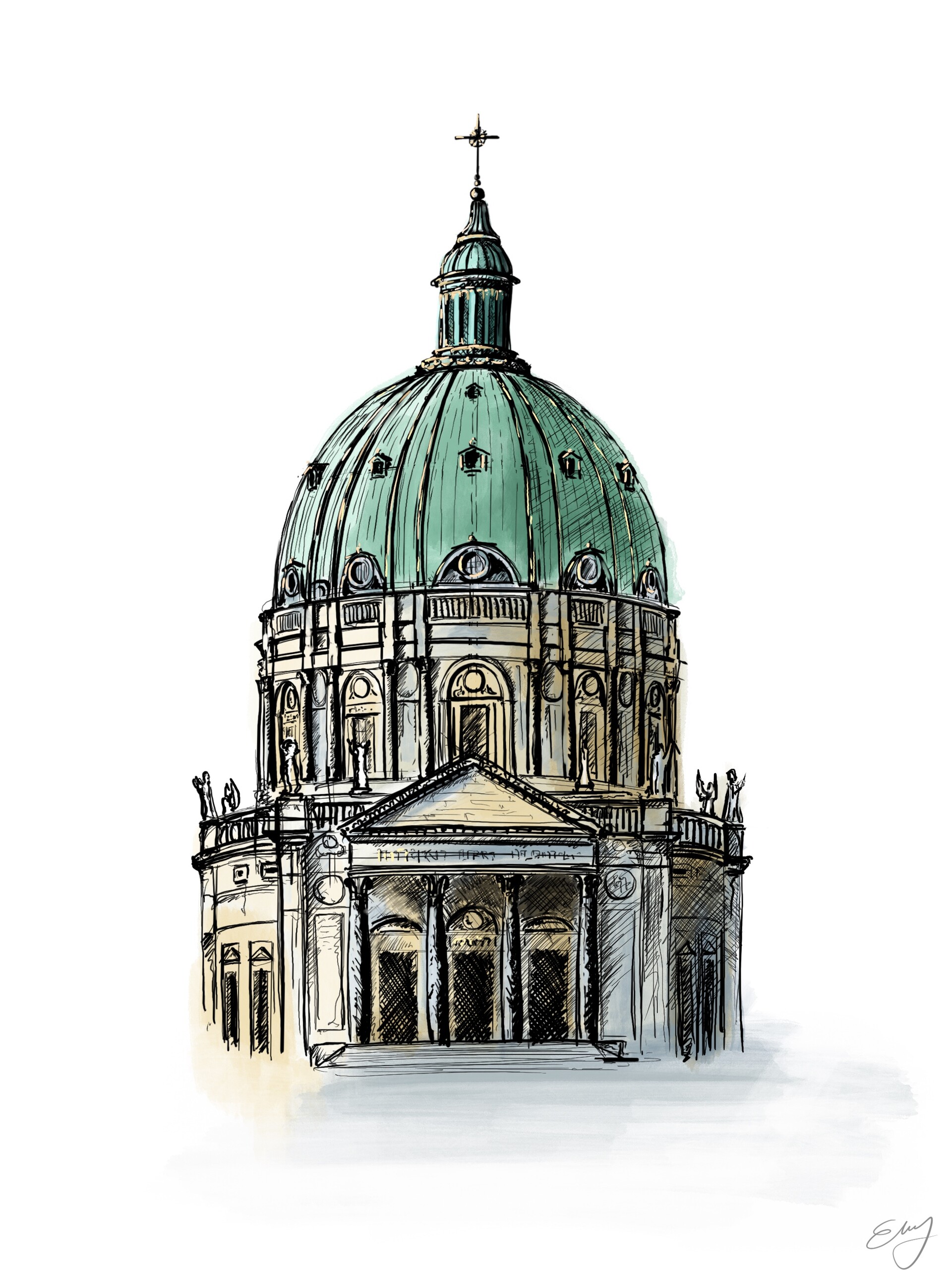 Ink and colour drawing of a domed church with a green copper dome, a columned portico and statues along the roofline.