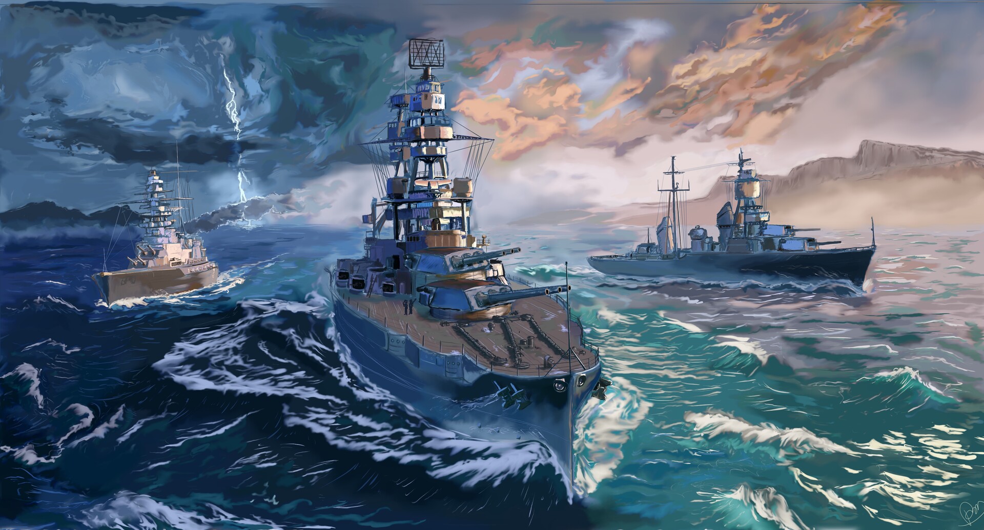 Painting of warships on a stormy sea: a battleship in the foreground heading toward the viewer, a destroyer on the right and another ship under lightning on the left.