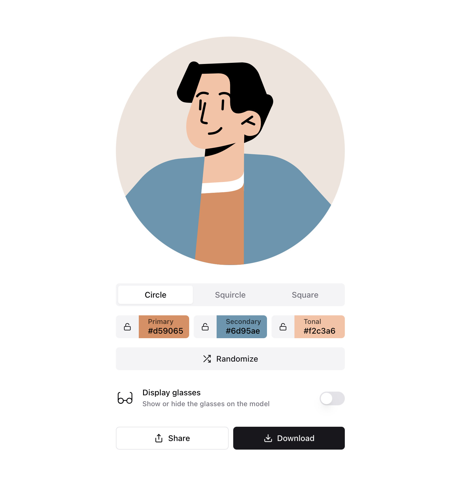 A web interface showing a flat-style avatar of a smiling man with black hair and a blue jacket, with controls for shape, three colours and glasses.