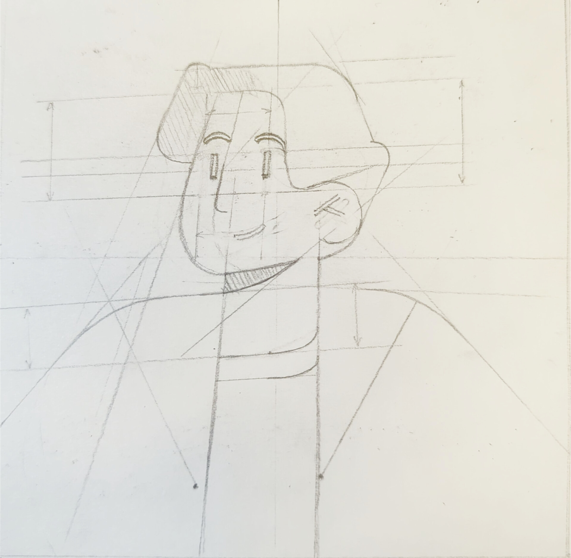 Pencil sketch of the avatar on paper, with construction lines and measurements, before it was vectorised.