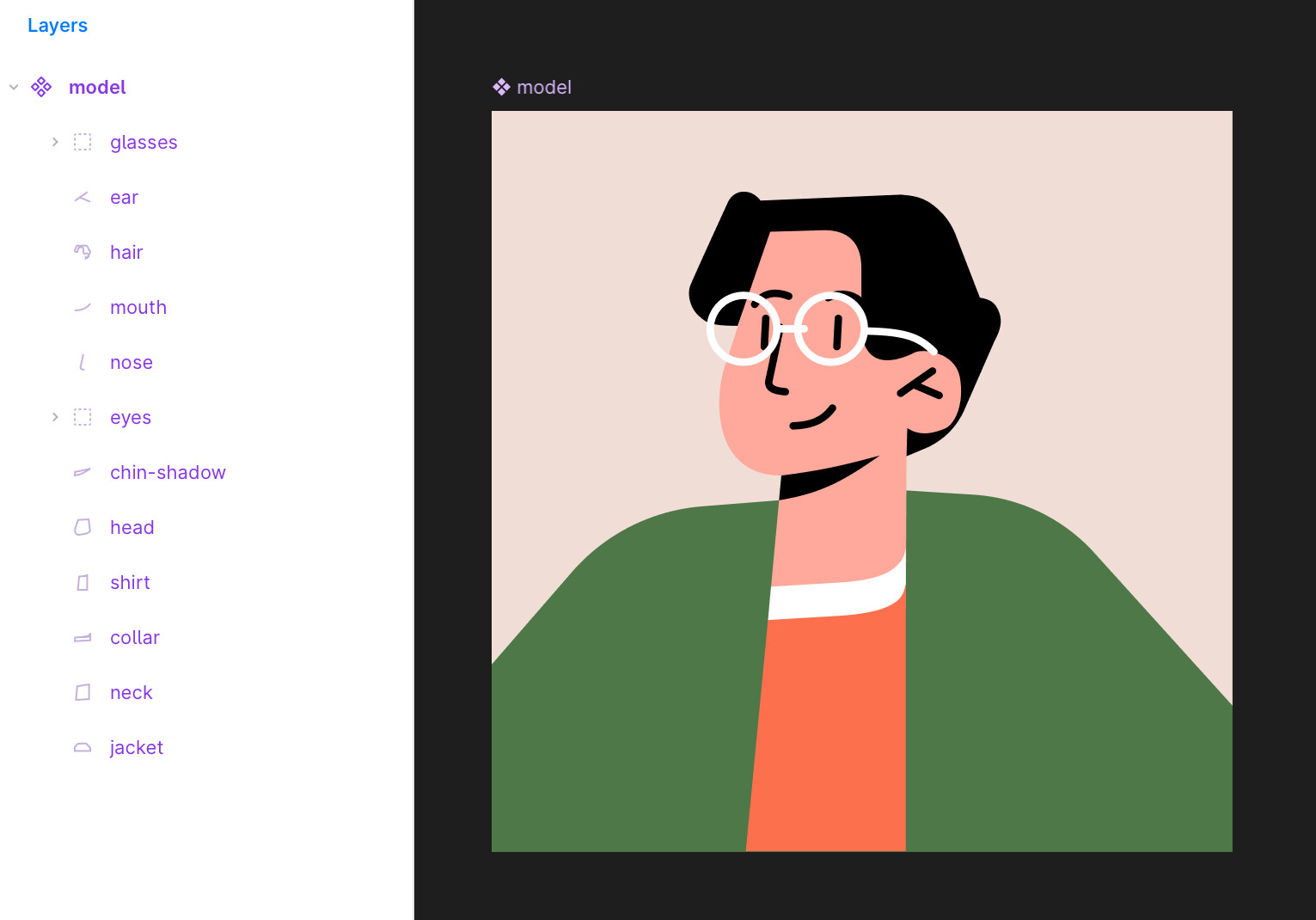 The avatar in Figma, with its layer list: glasses, ear, hair, mouth, nose, eyes, chin shadow, head, shirt, collar, neck, jacket.