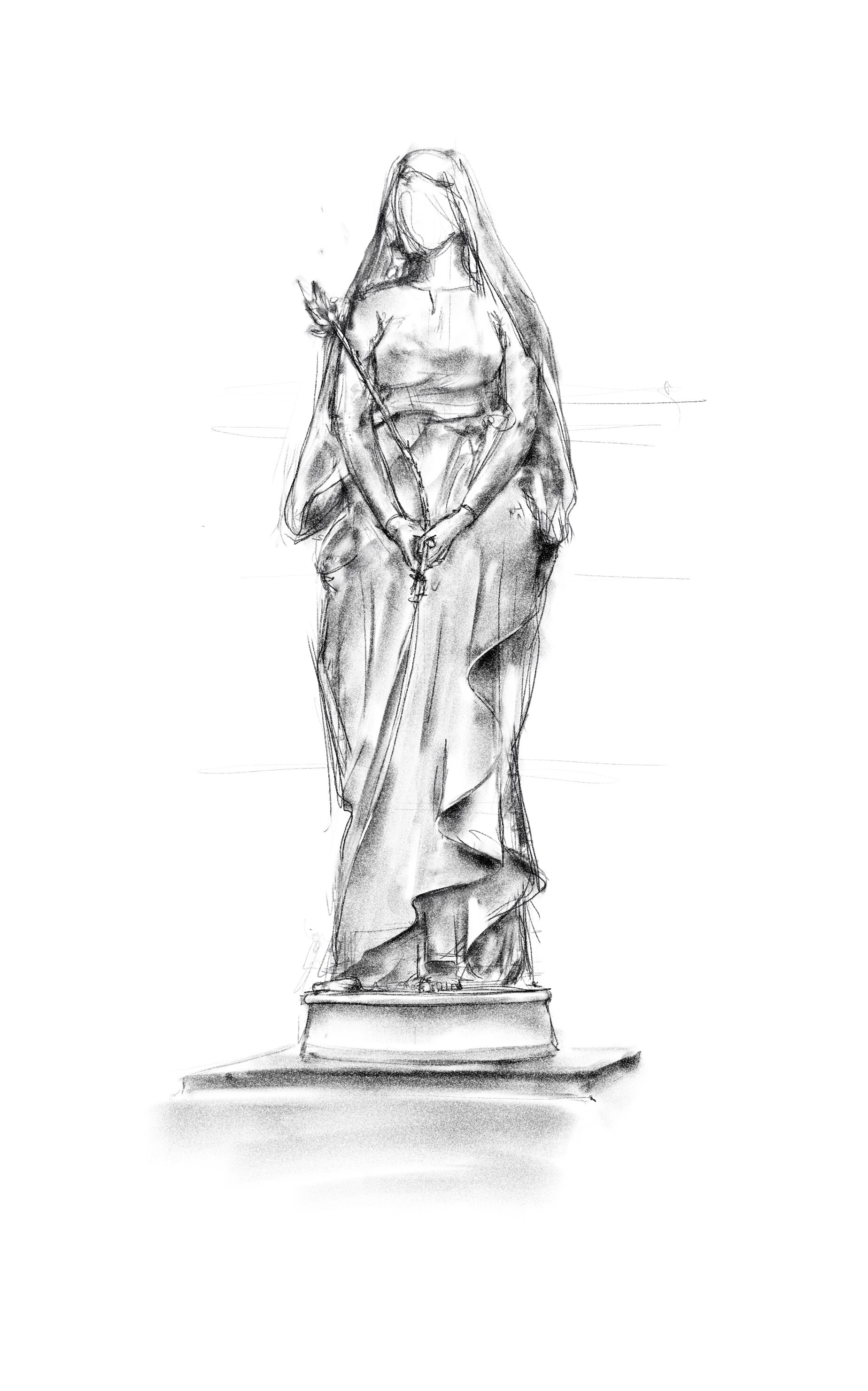 Pencil study of a standing statue of a veiled woman holding a lily, on a low plinth.