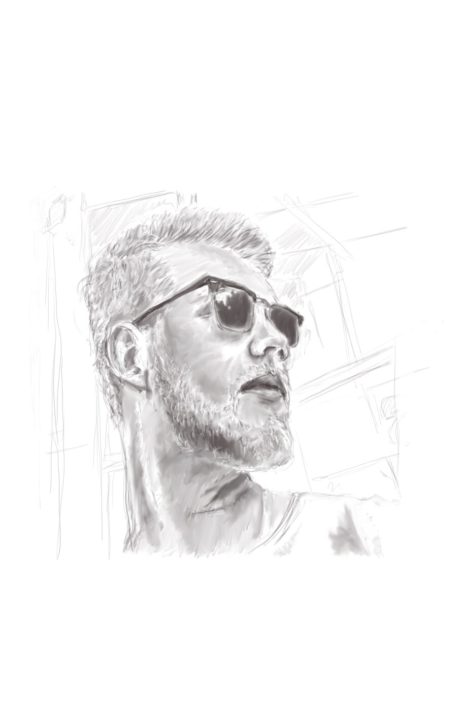 Grey digital drawing of a bearded man in sunglasses looking up, with loose construction lines behind him.