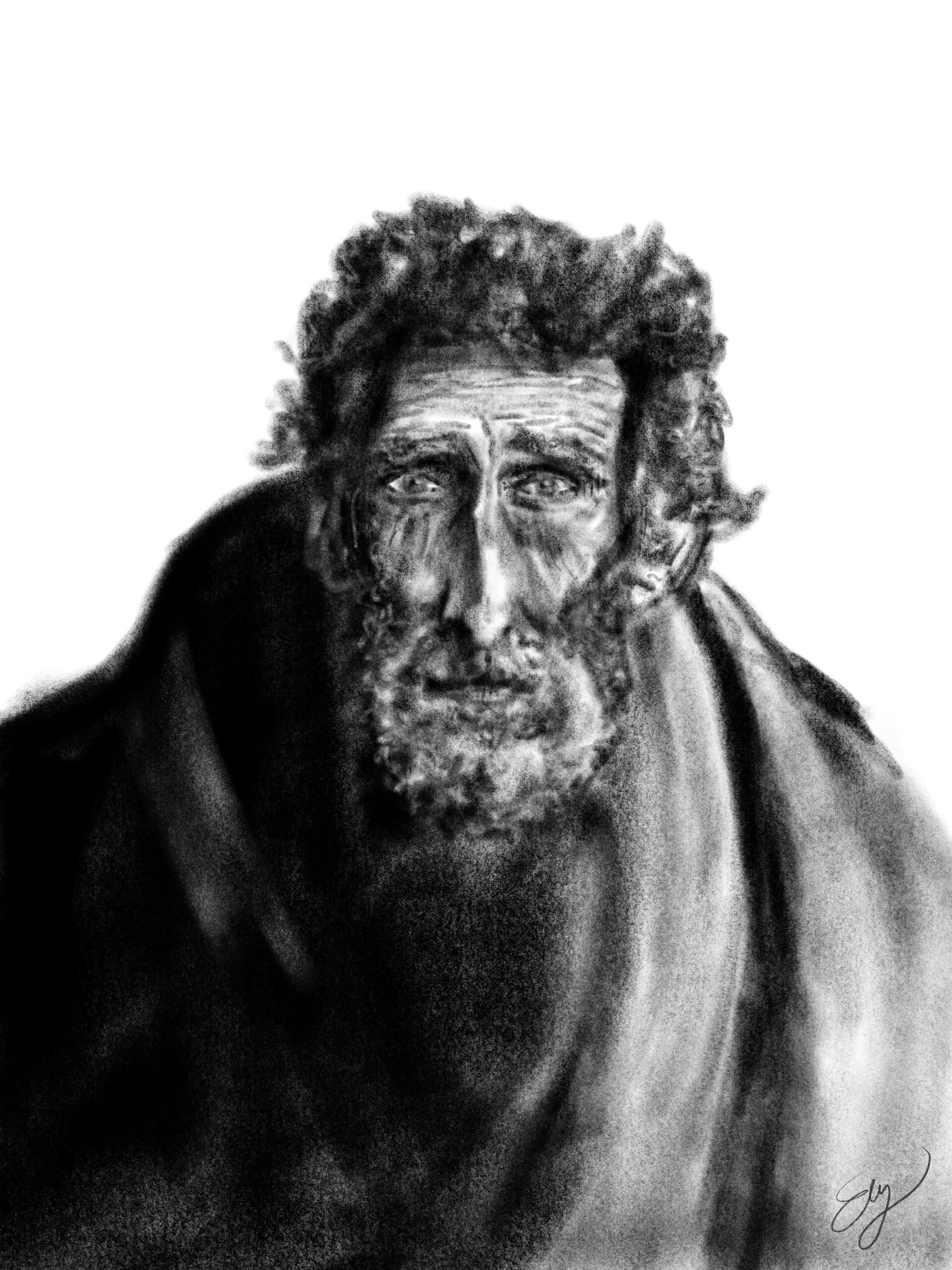 Charcoal portrait of an elderly man with curly hair, a beard and deep-set eyes, wrapped in a dark cloak.