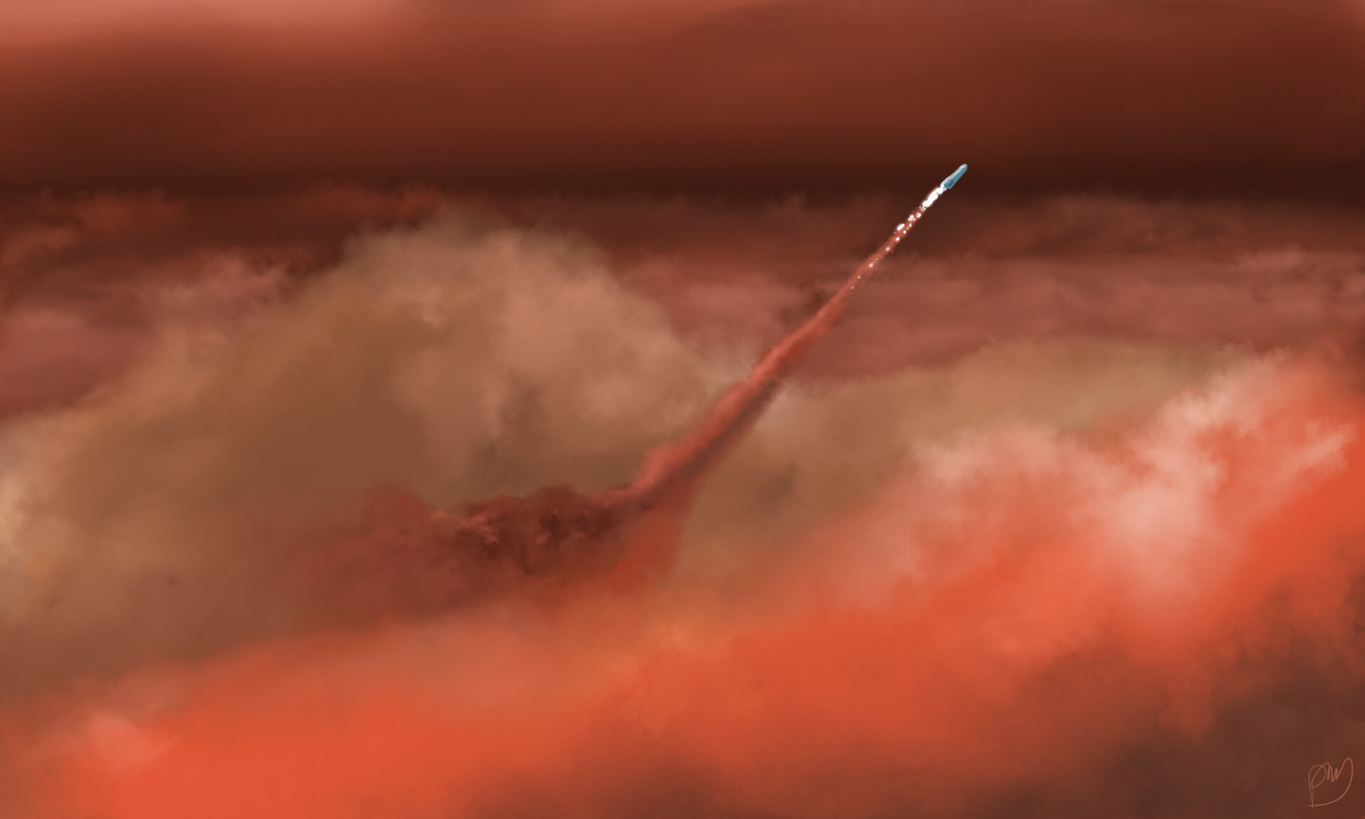 A rocket climbing out of a layer of red and orange clouds, trailing smoke.