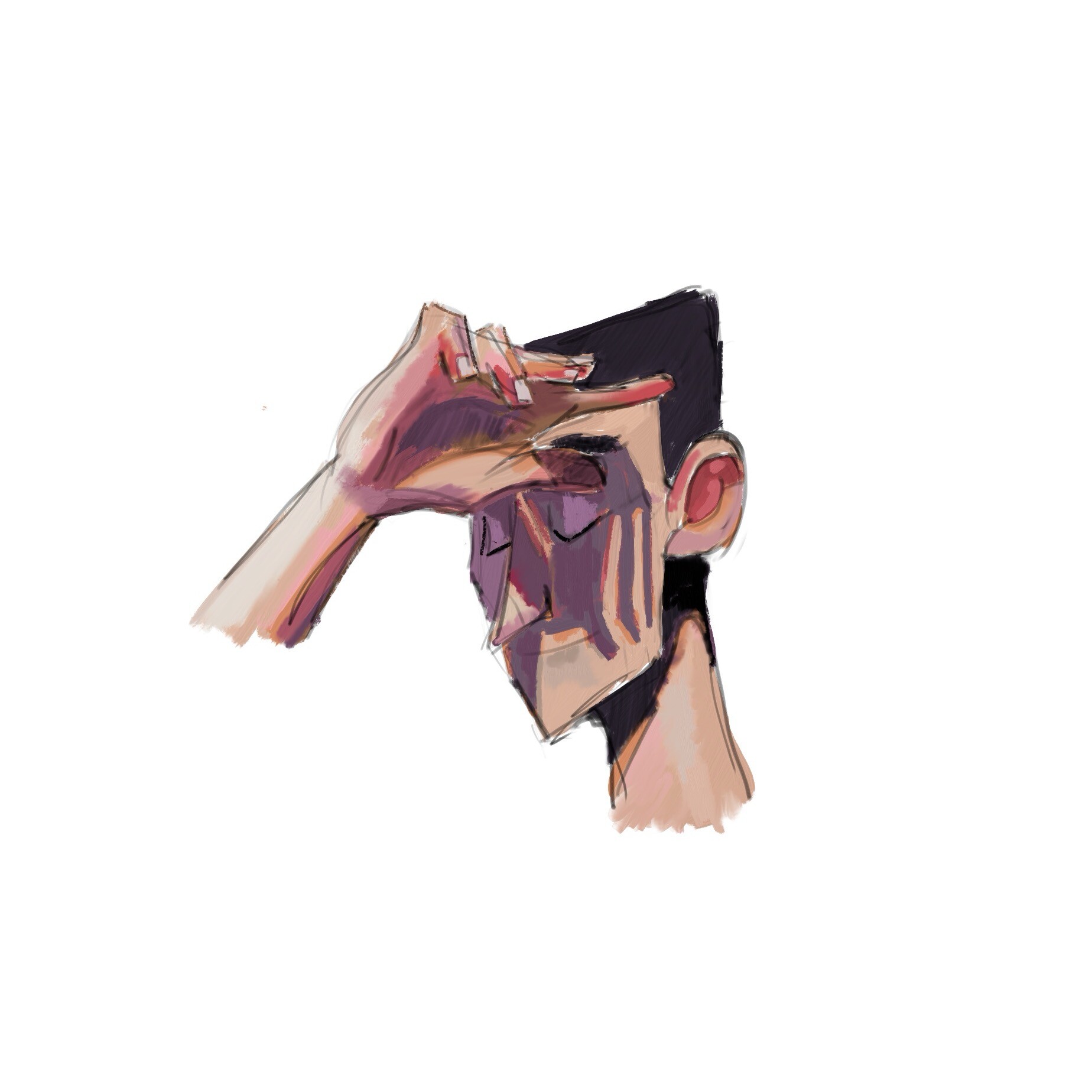 Colour sketch of a figure with the head bowed and a hand held to the forehead, the skin tinted purple and red where light passes through.