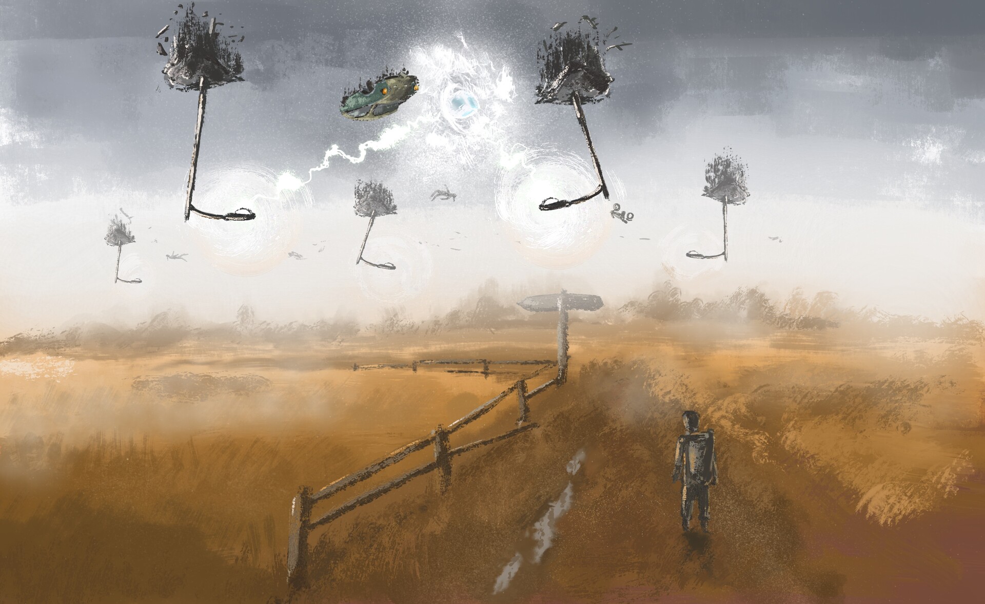 Digital painting of a lone traveller on a dirt track beside a wooden fence, under a stormy sky where tree-like shapes float and a glowing disc hovers.