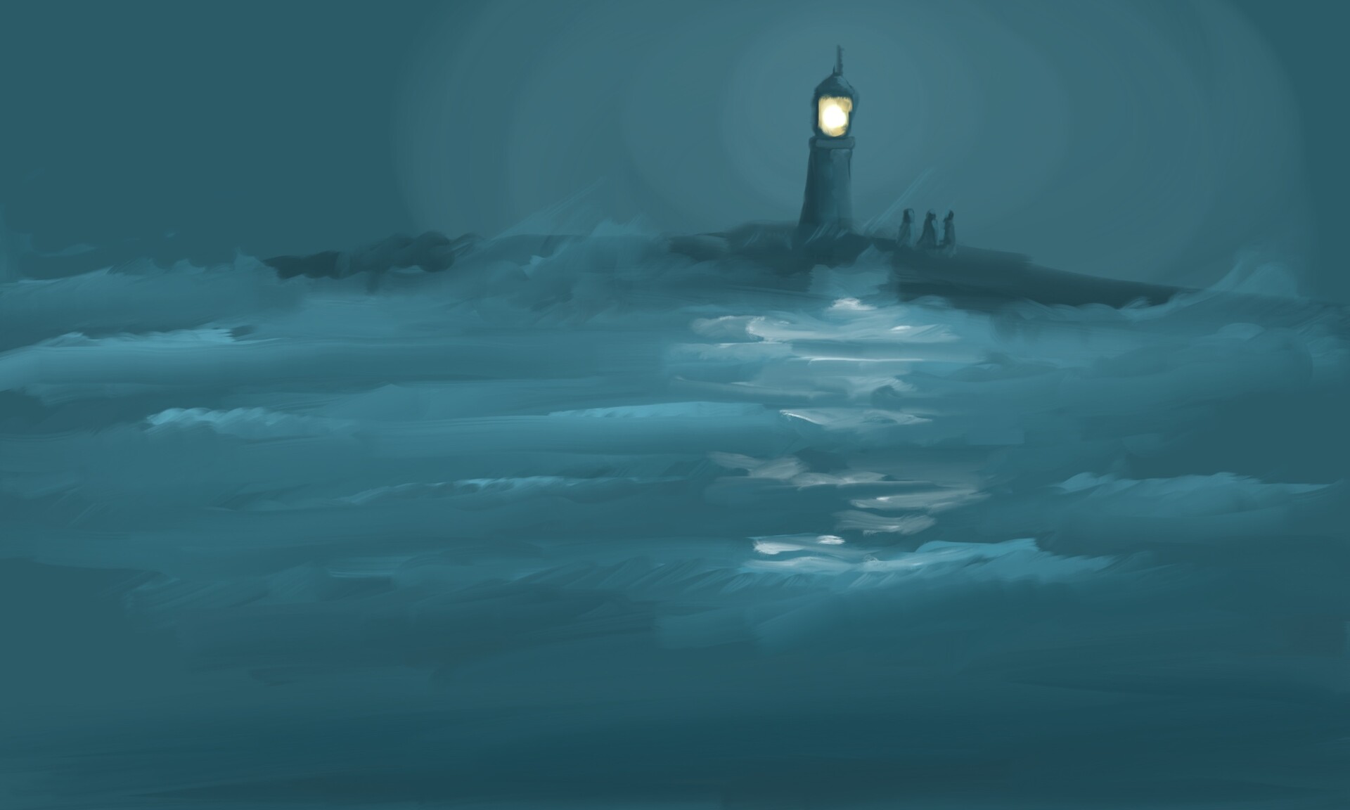 Monochrome teal painting of a lit lighthouse on a rocky islet in a rough sea at night, with three small figures beside it and moonlight on the water.
