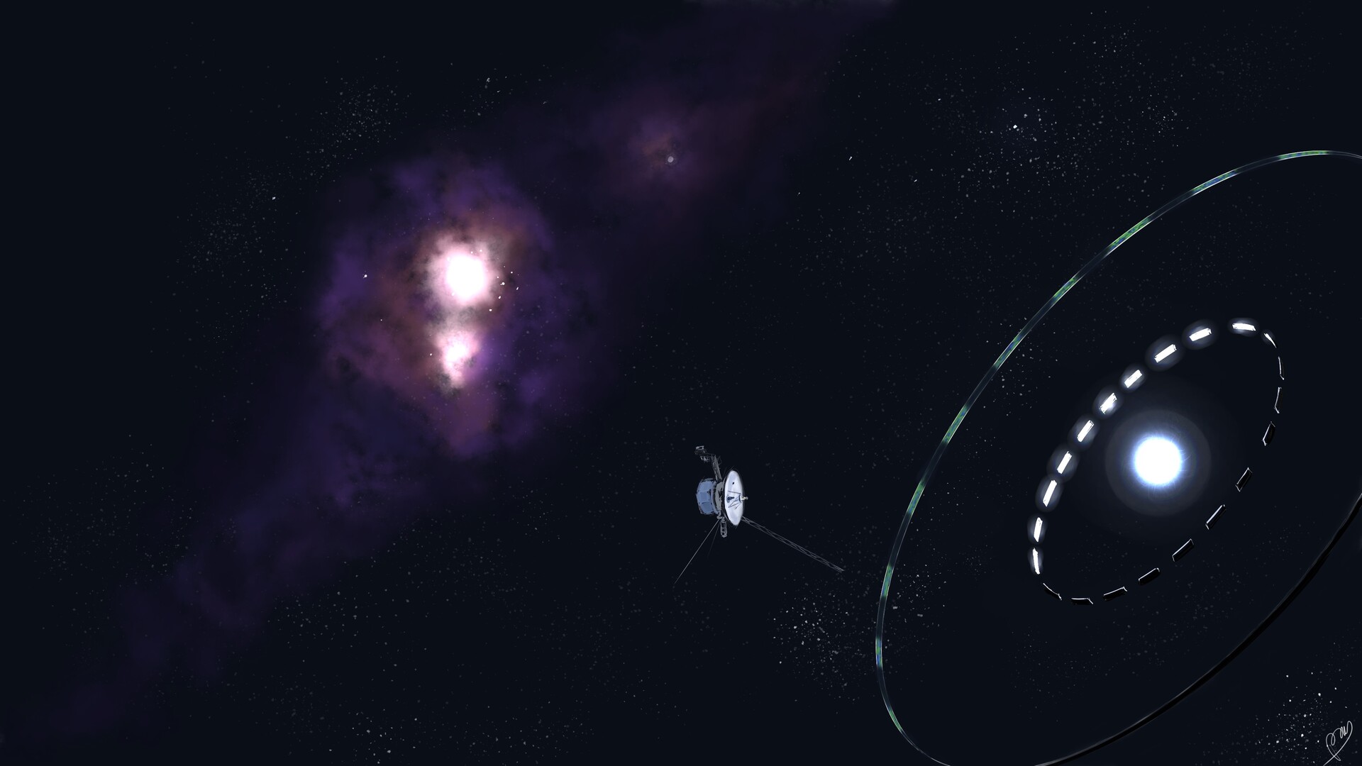 Digital painting of a space probe in front of a purple nebula, near a bright star circled by thin rings.