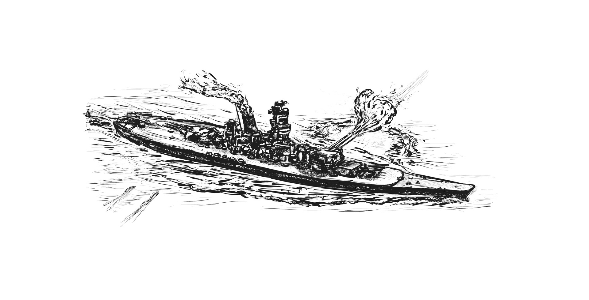 Black ink sketch of a battleship under way at sea, smoke rising from its funnel and a gun firing.